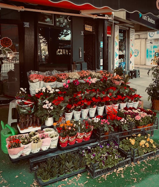 An outdoor display of fresh flowers arranged in various pots and containers in front of a flower shop, featuring vibrant red, pink, white, and purple blooms. The flowers include roses, daffodils, pans