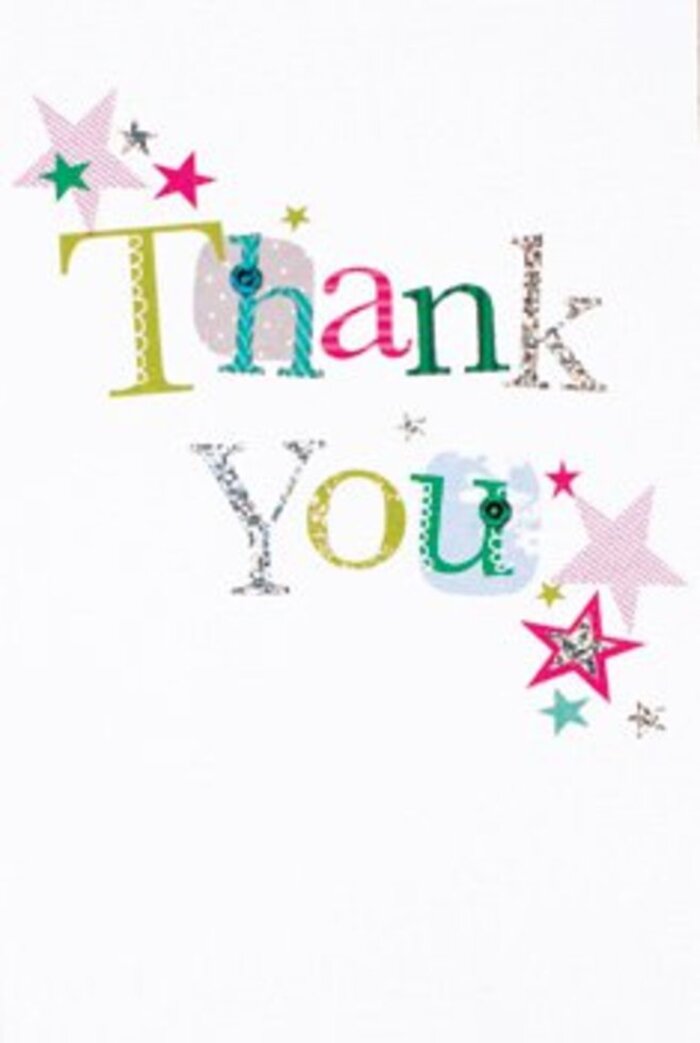 The graceful arrangement of vivid letters on this thank you card forms an exuberant display that feels right at home in Hatch End's creative community. Each character seems to dance-a patchwork quilt of playful styles, from spotty and whimsical to elegantly curved, all brushed with lively shades like fuchsia, turquoise, and green, plus a few shimmering in subtle silver sparkle. Small clusters of stars-some lined with magenta stripes, others glinting teal or softly highlighted in gold-drift gently across the message, recalling the kind of festive, joyful gatherings that bring neighbours together in Hatch End. The composition is wonderfully balanced, set against a flawless white backdrop that allows every element to breathe and shine, like sunlight spilling through local shopfronts on a mid-morning stroll. There's an inviting sense of both sophistication and play, making the card appropriate for any occasion-a thank you as universally warming as a bouquet delivered to friends on Courtenay Avenue. The tactile textures, from raised glitter to fine-printed patterns, echo the artisanal expertise you'd expect from Hatch End Florist, ensuring both a visual and sensory delight. This card, with its blend of whimsical charm and understated elegance, is the perfect companion to fresh flowers-a gesture that lingers as a bright and memorable expression of gratitude.