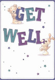 This get well card captures the essence of caring that Hatch End residents know so well-a pair of endearing friends, one a fluffy bear and the other a cheerful, floppy-eared puppy, joining together to deliver heartfelt wishes. Their plush, inviting fur is illustrated in soft creams and caramel hues, while their lively eyes radiate hope. Overhead and around them, whimsical stars in violet and teal sparkle, reminiscent of fairy lights seen in Hatch End gardens during spring evenings. The bold, curled letters spelling out 'Get Well' leap boldly from the soft ivory background in shades of indigo and turquoise, embracing the message with playful energy. The composition is airy, gentle, yet filled with warmth-the kind you feel stepping into a familiar local florist near Grimsdyke Road. Every detail, from the confident typography to the careful placement of the animals, is designed to comfort and uplift, much like a thoughtfully arranged bouquet delivered straight to a friend's bedside. The card exudes genuine compassion and light-hearted encouragement, transforming an ordinary sentiment into a joyful celebration of healing and support, unique to the spirit of Hatch End.